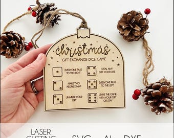 Christmas Gift Exchange Game SVG Laser Cutting Ornament File, Christmas Party White Elephant Dice Game, DXF & LightBurn, Family X-mas Game