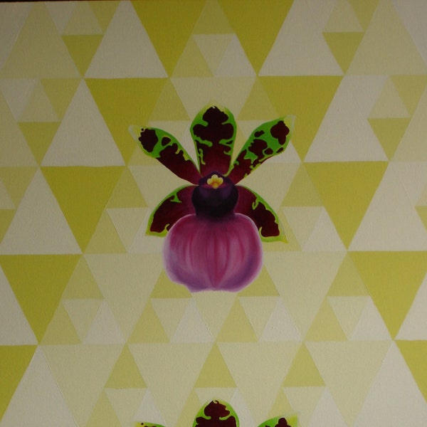 Zygopetalum Orchids, original painting, acrylic and oil paint, canvas, geometric pattern, South American orchids, by KMC