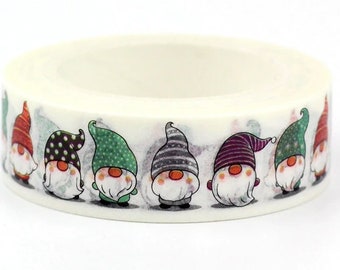 Winter Gnome pattern, Colourful Gnomes Washi Tape, Decorative Adhesive Tape, Cards, Crafts, 10m reel, Christmas pattern tape