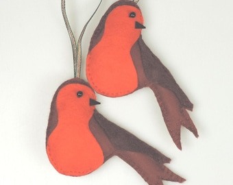 2 x Felt Christmas Robin Handmade Decoration, Twig Tree, Christmas tree, Tree decoration Christmas bird.