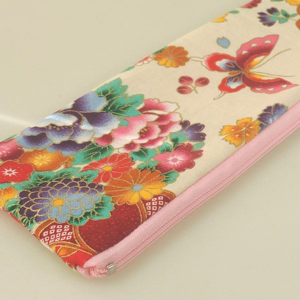 Oriental Floral bloom Long pencil case, Stationary, School, Teacher gift, Japanese lovers gift, Zipped Lined pencil case
