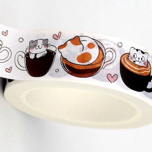 Ruban adhésif en papier Washi, motif chat cappuccino, impression de chats kawaii mignons dans des tasses à café, ruban décoratif, réservation de ferraille, cartes, travaux manuels, 10 m