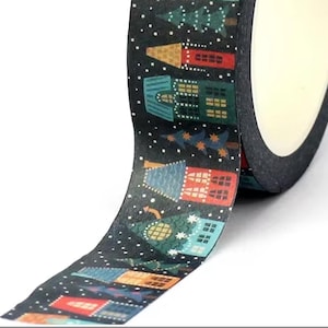 Pueblo navideño tradicional, nevando, cinta washi, cinta adhesiva decorativa, cinta estampada, scrapbooking, tarjetas, manualidades, bobina de 10 m
