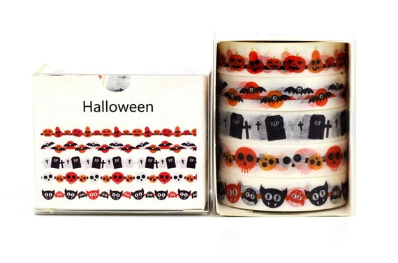 Set of 5 Halloween Washi Tapes set, Halloween Decorative Tape, Patterned, Scrap booking, Cards, Crafts, 10mm x 3m reel