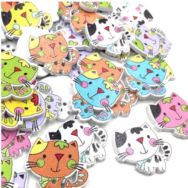 10 x Wooden Cartoon Cats/Kitten buttons, Mixed Colours, Crafts/Cards/Sewing/children