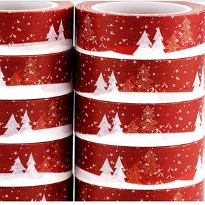 Escena invernal, estampado paisaje rojo y blanco, Washi Tape, Cinta Adhesiva Decorativa, Tarjetas, Manualidades, Bobina 10m, Cinta con motivos navideños