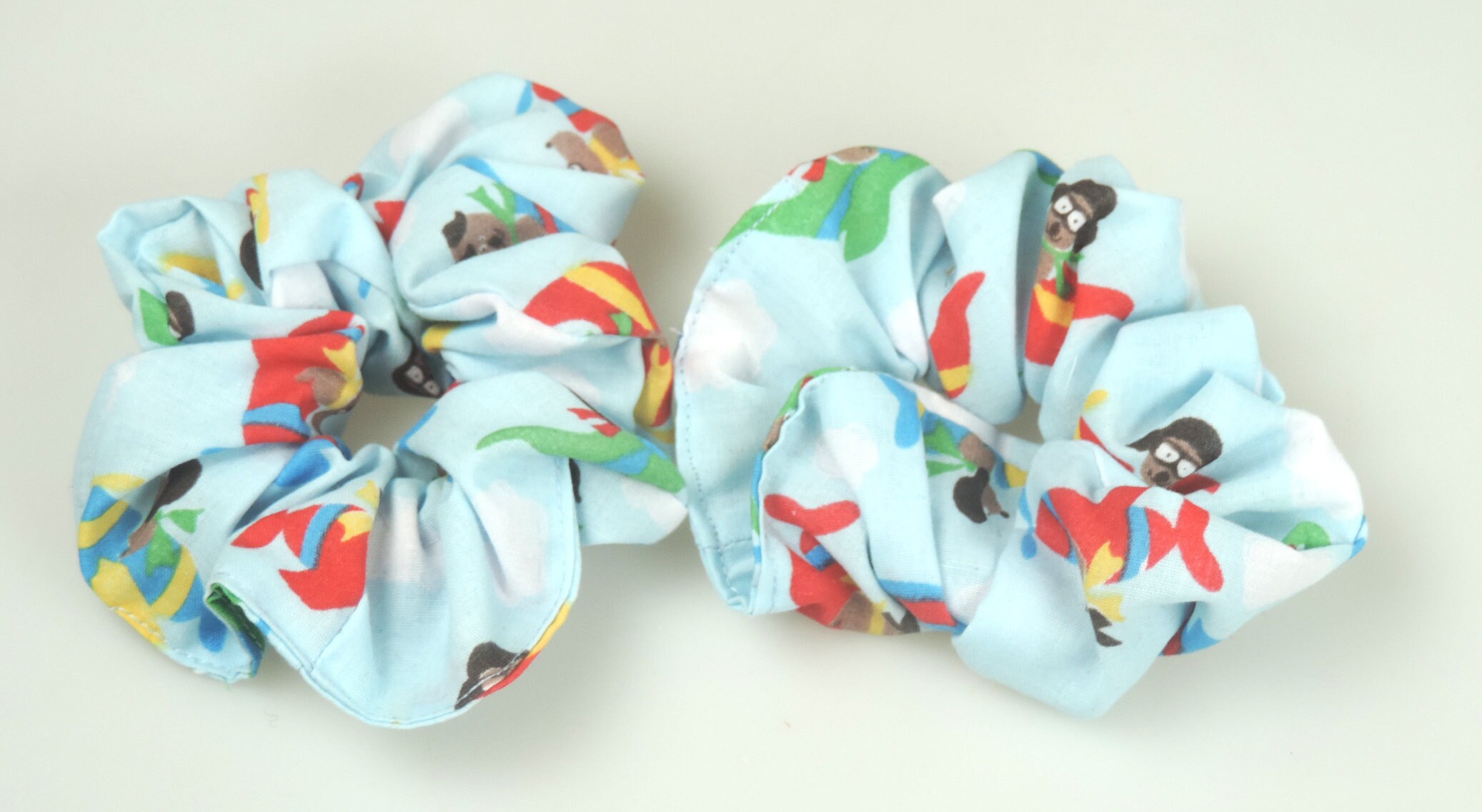 Blue airplane fabric, Two dogs flying aeroplanes themed Hair Scrunchies, Hair bobble, Accessories, Gift, cute drawings of dogs, Scrunchie