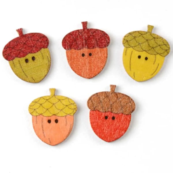 10 x Acorn shaped Wooden Buttons, mixed colour set, Sewing, Cards, crafts, children's sewing, craft projects