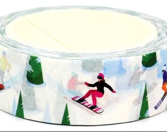 Winter Ski scene, slopes ski and snowboarding pattern, Washi Tape, Decorative Adhesive Tape, Cards, Crafts, 10m reel, Christmas pattern tape