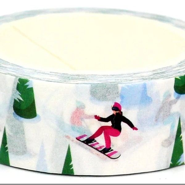 Winter Ski scene, slopes ski and snowboarding pattern, Washi Tape, Decorative Adhesive Tape, Cards, Crafts, 10m reel, Christmas pattern tape