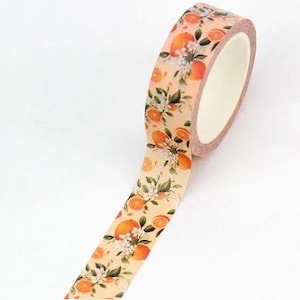 Oranje fruit- en bloemenpatroon, washitape, decoratief plakband oranje fruit, tape met patroon, scrapbookingateliers, kaarten, knutselen, haspel van 10 m