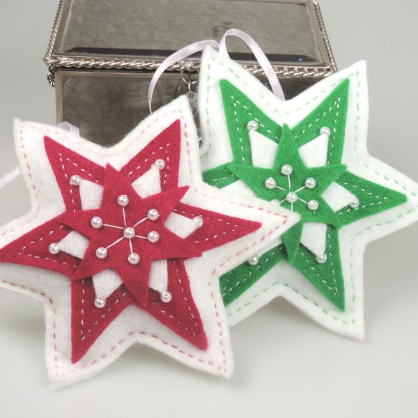 Large felt stars with hand stitched and simulated pearl details, Christmas decoration, Contrast star, Twig Tree decorations, Various colours