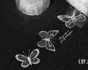 Patrón de mariposa, Cinta PET transparente con patrón de mariposa blanca, Cinta adhesiva decorativa de 30 mm, diarios, manualidades, carrete de 3 m