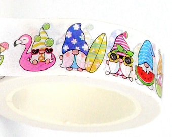 Summer Fun theme Gnomes Washi Tape, Decorative Adhesive Tape, Cards, Crafts, 10m reel, Gonk pattern tape