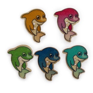 10 x lustige Delfinknöpfe aus Holz, süße Delfine, gemischtes Set von Farben, Nähen, Karten, Basteln, Nähen für Kinder, Bastelprojekte