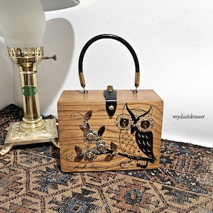 ¡Bolso vintage de búho Enid Collins de Texas, bolso de madera con forma de CEREBRO DE PÁJARO, caja original de Estate!