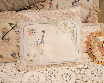 darling Vintage Senorita with Guitar Embroidered Voile Cotton Pillow with lace Edging!