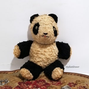 Vintage 1950s Googly Eyed Unmarked PANDA Teddy BEAR Plush Toy Red