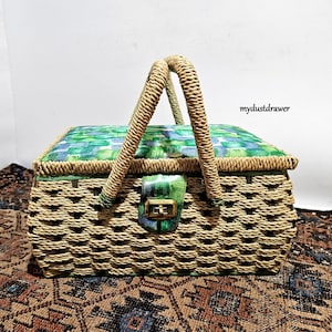 rare vintage 1960s wicker Sewing Box with Retro Blue & Green Fabric Lid and inside!