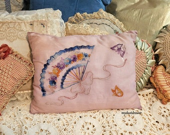 darling Vintage Purple FAN Boudoir Embroidered Voile Cotton Pillow!