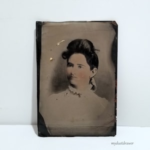 antique Vintage FULL Plate TINTYPE Civil War Era colorized Lady Measure 10 by 7!  Lovely Eyes!