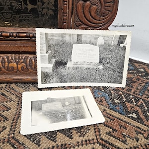 May include: Two vintage black and white photographs of a cemetery. The larger photo shows a tombstone with the inscription "Sallie Campbell, Wife of J. Welford Collins, Died July 16, 1960." The smaller photo is a similar view.