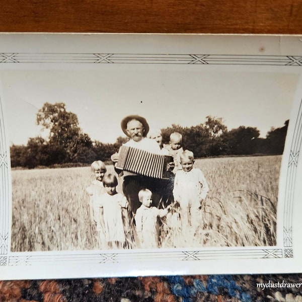 vintage 1920s Grandpa with his Accordion with Children in Field photo Black and White Photograph!