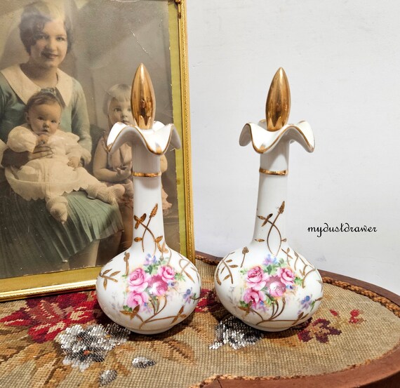 vintage Arnart Creations Japan PERFUME BOTTLE SET with handpainted Gold Accents for your Vanity!