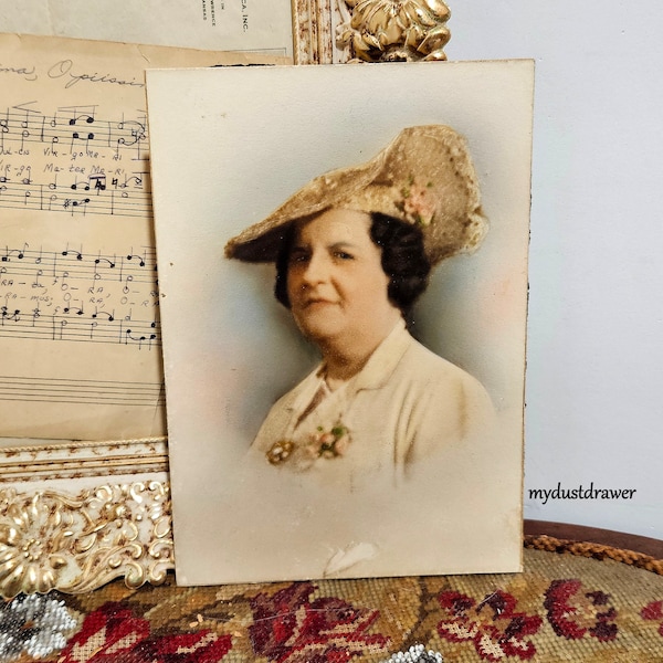 vintage 1920s Grandmother with Fancy Hat colorized Portrait photo Photograph for display for more Family!