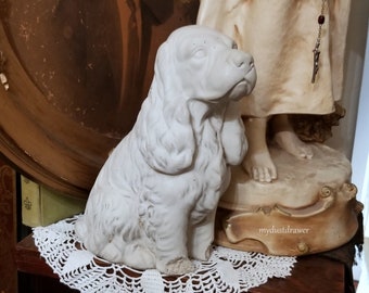 antique Vintage unpainted Concrete COCKER SPANIEL Dog Statue!  He's a house dog and has never been used outside! For decor!