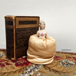 vintage Germany Porcelain Half Doll Lady Dresser Vanity Silk PIN CUSHION!