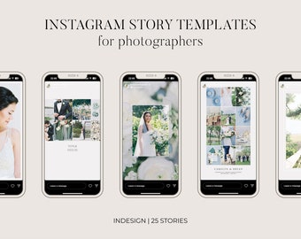 May include: Five Instagram story templates for photographers, each with a different layout and design. The templates feature wedding photos and the text "TITLE" and "CARDENS & BRYAN".