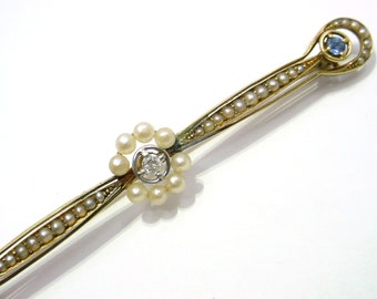 Long Edwardian Pearl Sapphire Diamond  14k Gold Bar Brooch Pin