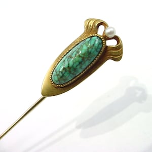 BLOWOUT Sale—Signed Circa 1900 14k Gold Turquoise Pearl Stickpin Lapel Pin--Link and Angell