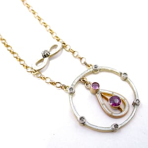 BLOWOUT Sale—Rare English Edwardian White Enamel Diamond Tourmaline 9ct Rose Gold Necklace