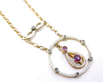 BLOWOUT Sale—Rare English Edwardian White Enamel Diamond Tourmaline 9ct Rose Gold Necklace