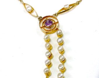 BLOWOUT Sale—Rare Antique Pearl Amethyst Negligee 14k Gold Lavaliere Pendant