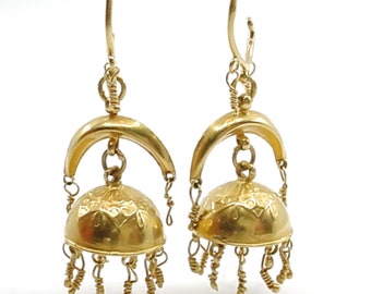 BLOWOUT Sale—Whimsical Ethnic Bell 18K Gold Drop Dangle Earrings--6.8 Grams