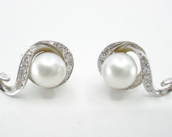 BLOWOUT SALE--Whimsical Diamond Cultured Pearl 14k White Gold Earrings-- Stylized Question Mark