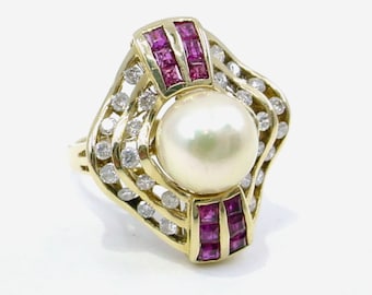 BLOWOUT Sale—Lovely Ruby Diamond Pearl 14k Gold Halo Ballerina Ring