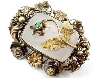 Victorian Cushion-shaped Milky White Agate Silver Gold Pin Brooch