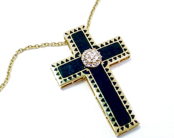BLOWOUT Sale—Handsome Diamond Enamel Cross 14k gold Pendant Necklace