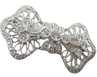 BLOWOUT Sale—Sweet Art Deco Style Bow Ribbon Filigree 1.02 Diamond 18k White Gold Brooch