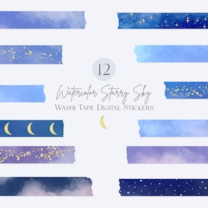 Starry Night Washi Tape Digital Stickers | Sparkling Star Moon Washi Tape Clipart PNG | Galaxy Astronomy Clipart