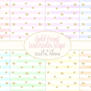 Pastel Watercolor Stripe with Gold Heart Confetti Digital Papers, Spring Color Papers, Watercolor background, Easter Papers