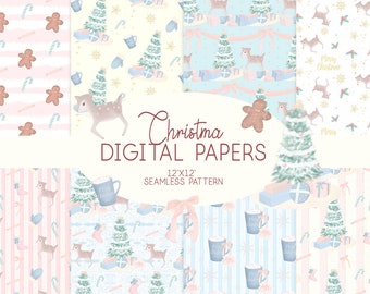 Pink Christmas Digital Paper Pack, Pastel Scrapbook Paper, Vintage Watercolor Christmas Backgrounds, Printable Digital Download