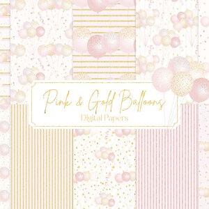 Pink & Gold Balloon Clipart Digital Papers, Digital Balloon Backgrounds | Baby Girl baby Shower Clipart Backgrounds