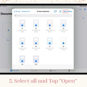 May include: A tablet screen displaying a document selection interface. Ten files are selected, with the "Open" button highlighted. The screen shows file names and sizes, with a prompt at the bottom: "5. Select all and Tap Open."
