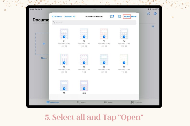 May include: A tablet screen displaying a document selection interface. Ten files are selected, with the "Open" button highlighted. The screen shows file names and sizes, with a prompt at the bottom: "5. Select all and Tap Open."