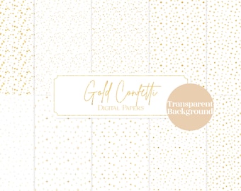 Papeles digitales con superposición de confeti dorado, patrones de fondo transparente sin costuras, papel digital con lunares y estrellas brillantes, descarga digital